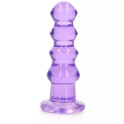 A purple, crystal-clear anal plug with a curved, bead-like design and a suction cup base.