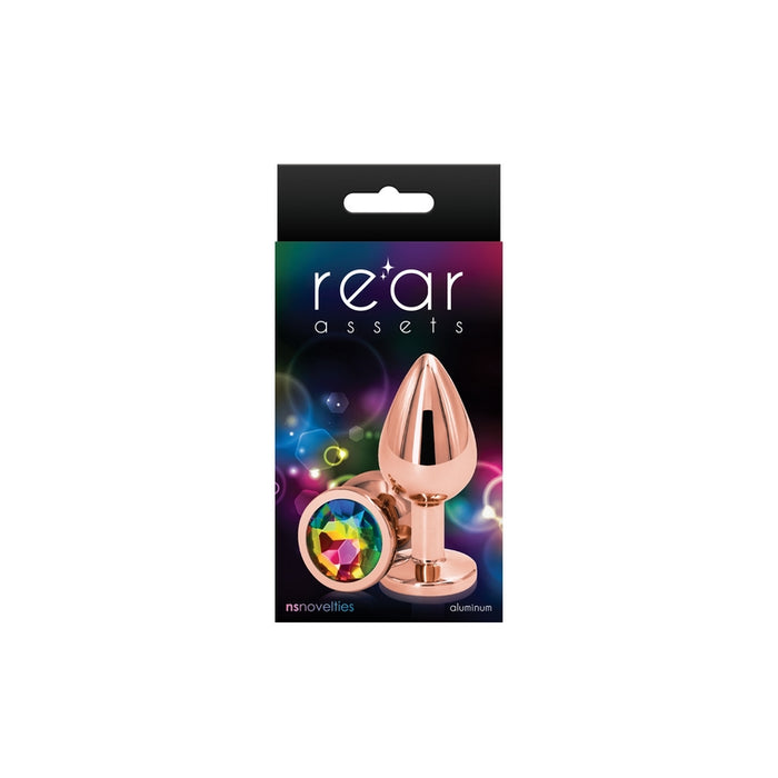 The product image shows a rose gold-colored aluminum anal plug with a pointed tip and a circular base, packaged in a box with a purple background and pink accents.