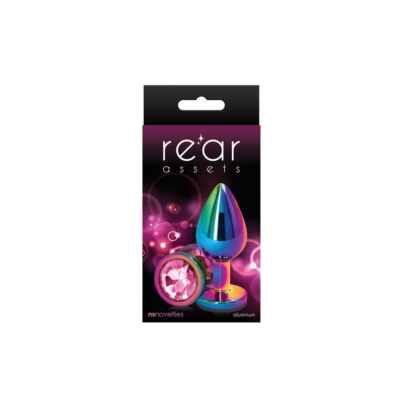 The product is an anal plug with a chrome-plated finish, featuring a teardrop shape with a colorful gem at the base. It is shown in packaging that reads 'Rear Assets'.