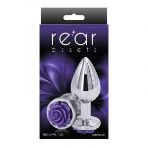 The product image shows a shiny, silver-colored anal plug with a rose-shaped base, presented in a package with a red and black design.