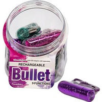 clear container of rechargeable bullets in assorted colours source adult toys