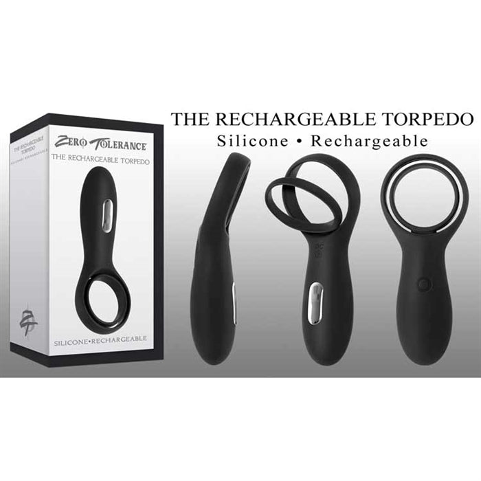 The image shows the Torpedo Vibrating Cock Ring by Zero Tolerance, including the product packaging, the black silicone ring, and the USB rechargeable base. The packaging highlights the features such as being rechargeable and made of silicone.