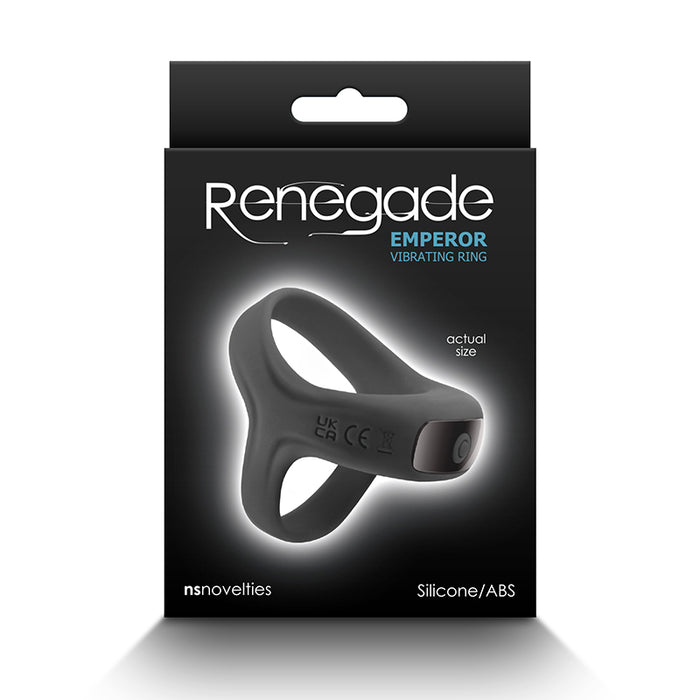The product image shows the packaging of the Renegade Emperor Vibrating Cock Ring in a black color. The packaging is black with the product name and brand prominently displayed.
