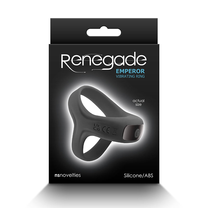 The product image shows the packaging of the Renegade Emperor Vibrating Cock Ring in a black color. The packaging is black with the product name and brand prominently displayed.