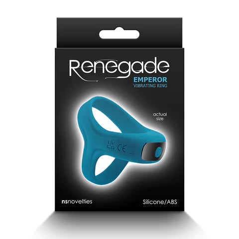 The product image shows the packaging of the Renegade Emperor Vibrating Cock Ring in a teal color. The packaging is black with the product name and brand prominently displayed.