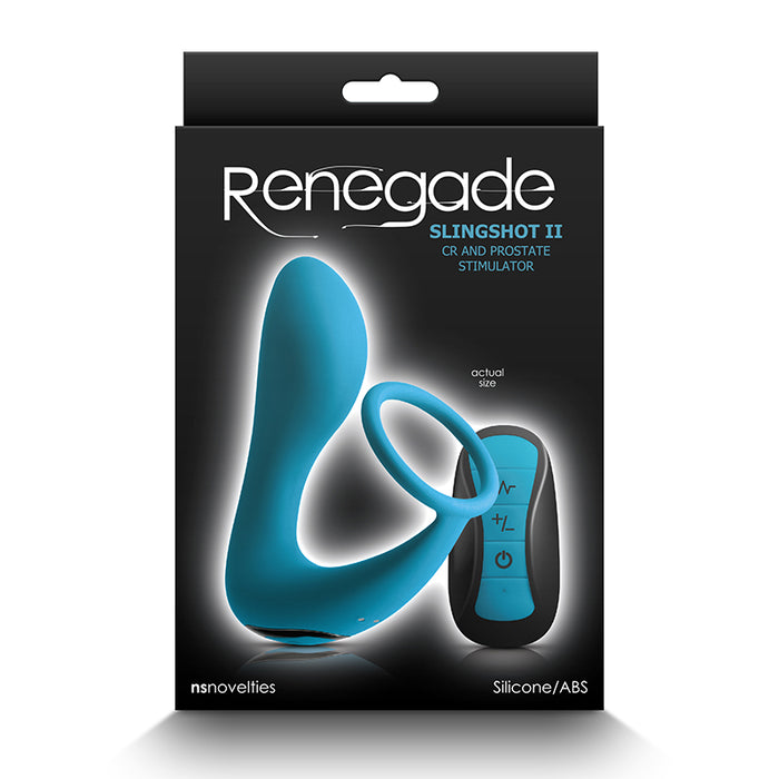 A blue silicone cock ring with cock ring  design, accompanied by a remote control. The packaging displays the product and brand name 'Renegade' prominently.