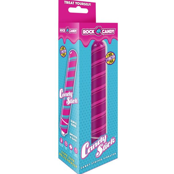 The image displays the Rock Candy Sugar Daddy Dildo in its packaging. The packaging is vibrant with a predominantly pink and blue color scheme, featuring images of the product, which is a blue silicone dildo with a twisted shaft and a realistic head.