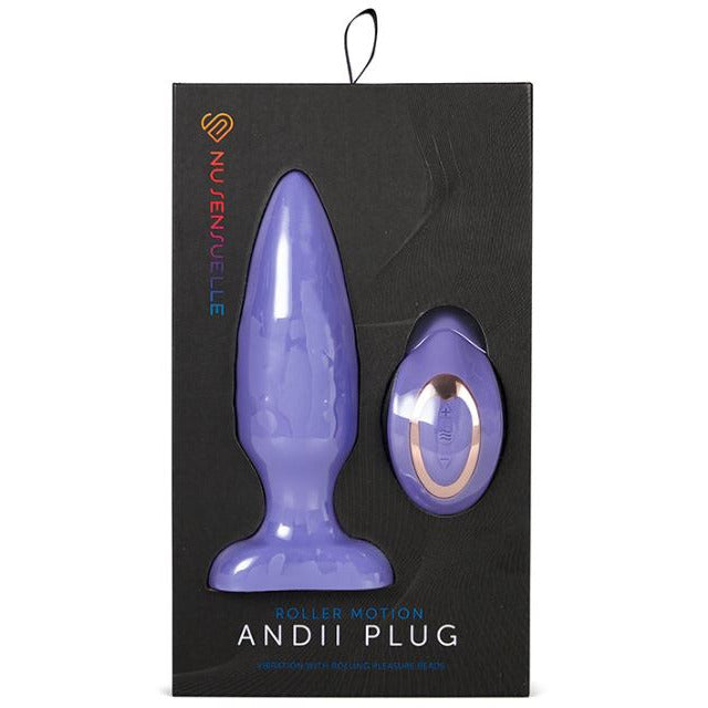 The product image shows a purple anal plug with a vertical bead motion feature, displayed in its packaging. The packaging is labeled with the brand name 'Nu Sensuelle' and the product name 'Andii Plug'.