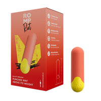 The product image shows the packaging of the ROMP Riot Vibrating Bullet. The box is predominantly red with an illustration of the bullet vibrator in a yellow tone, alongside text detailing product features.