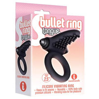 The product image shows the packaging of the Bullet Ring Tongue Vibrating Cock Ring. The packaging is predominantly black and pink, with a clear window displaying the black silicone ring with a tongue-shaped design and stimulating nubs.