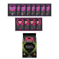 The image displays multiple packets of Kama Sutra's Sex Magic kit which includes lubricant and warming gel sachets.