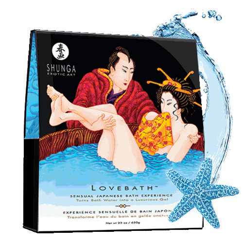 Packaging of Love Bath Crystals Ocean Temptation by Shunga, featuring an illustration of a red and yellow bath scene with a couple.