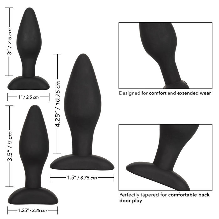 3 different sizes of black anal plugs size chart and specs