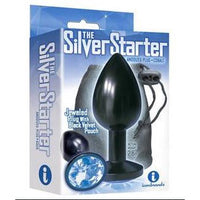 The product image shows the packaging of the "Silver Starter" anal plug, which is black and has a jeweled design. The package is predominantly blue and white, highlighting the product's features.