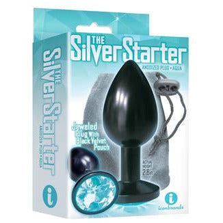 The product image shows the packaging of the "Silver Starter" anal plug, which is black and has a jeweled design. The package is predominantly blue and white, highlighting the product's features.