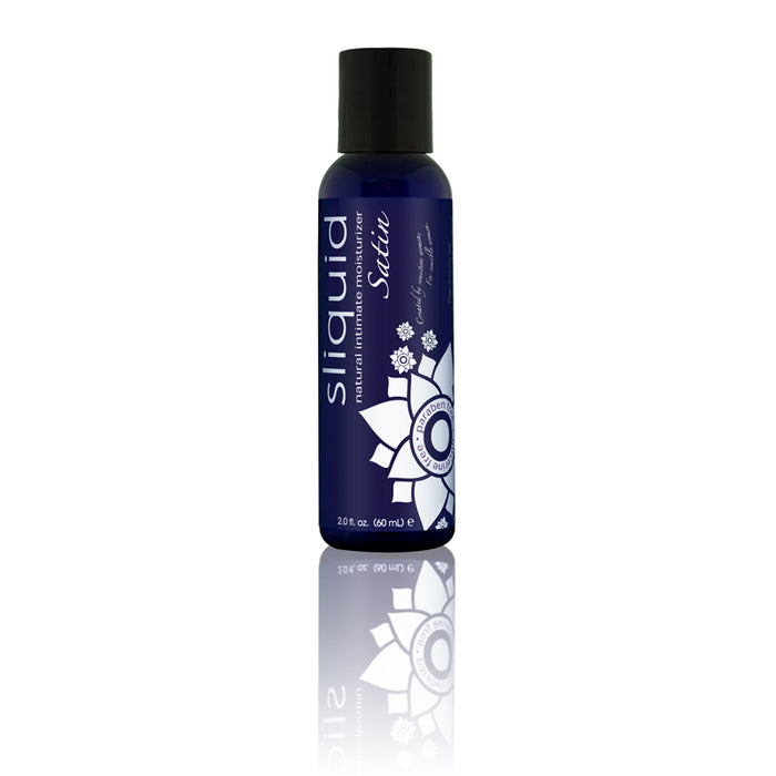 A bottle of Naturals Satin Water-Based Lubricant by Sliquid with a blue label featuring a white flower design.