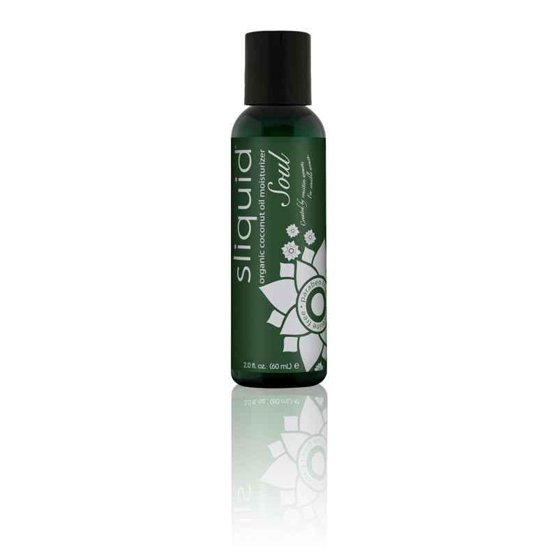 A bottle of Sliquid Soul Coconut Oil Based Lubricant with a dark green label and a black cap.