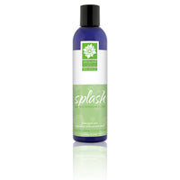 A bottle of Sliquid Splash Feminine Wash with a label featuring green and white colors and text indicating it is a honeydew cucumber scent.