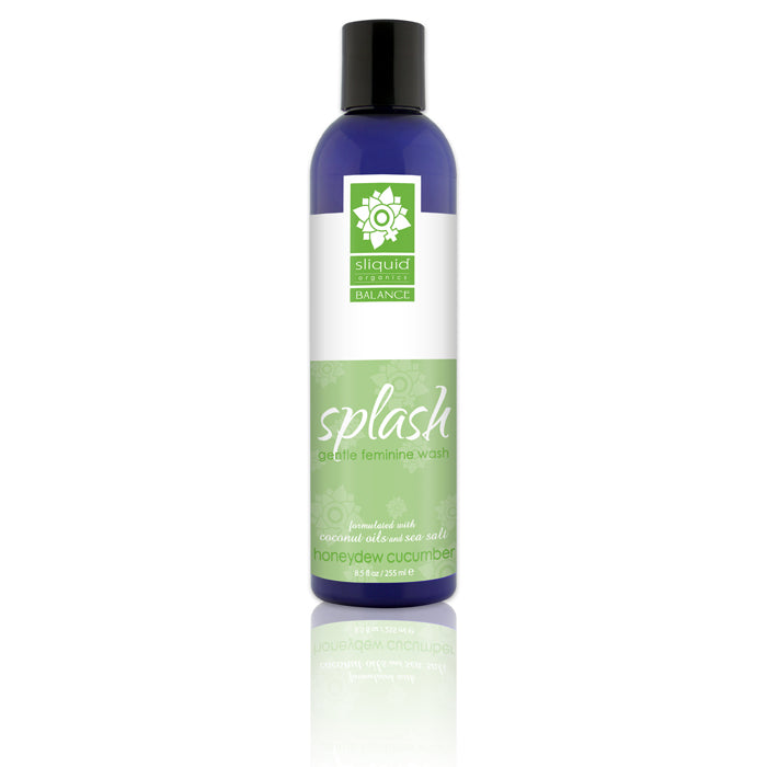 A bottle of Sliquid Splash Feminine Wash with a label featuring green and white colors and text indicating it is a honeydew cucumber scent.