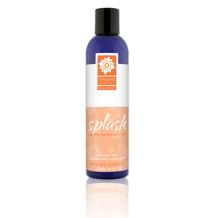 A bottle of Sliquid Splash Feminine Wash with a label that includes the brand logo, product name, and scent, against a plain background.