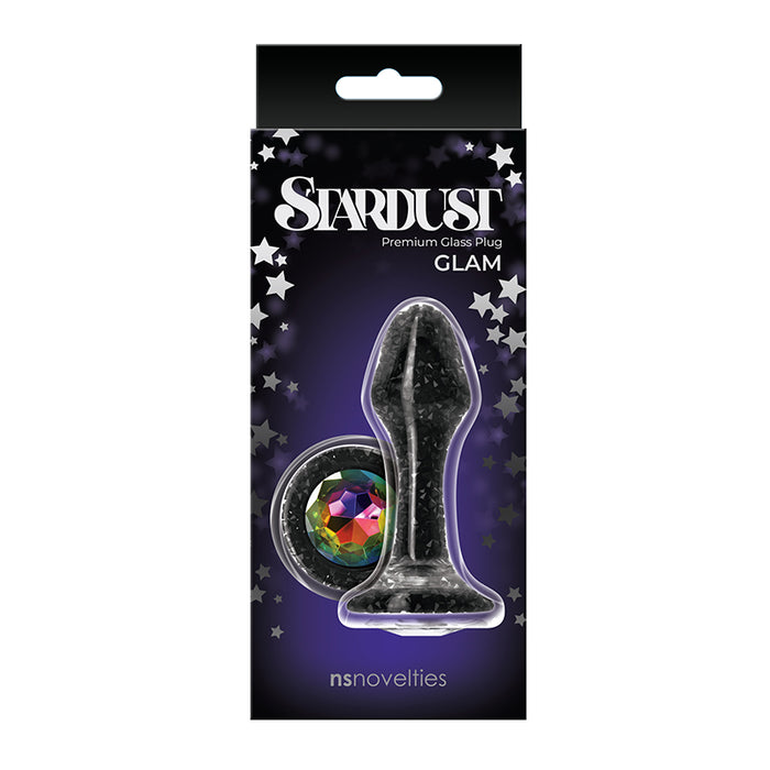 The product image shows the Stardust anal plug in its packaging. The plug is black with glitter and colored crystal accents, and the packaging is black with star decorations.