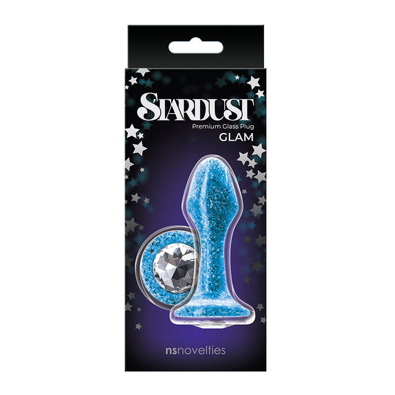 The product image shows the Stardust anal plug in its packaging. The plug is blue with glitter and colored crystal accents, and the packaging is black with star decorations.