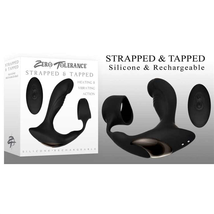 The image shows the product packaging and the toy itself. The packaging is labeled 'Strapped & Tapped Silicone & Rechargeable.