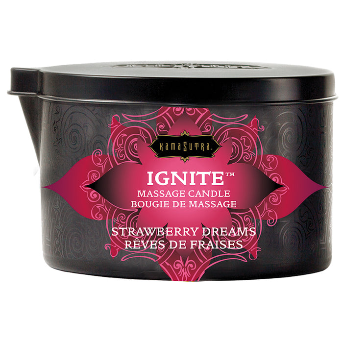 A black container with a red label that reads 'IGNITE Massage Candle Strawberry Dreams'.