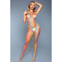 A model wearing a multicolored wide fishnet bodysuit with matching thigh-high stockings, designed to fit most sizes.