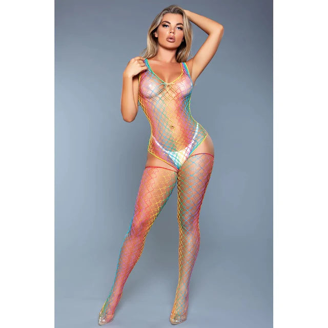 A model wearing a multicolored wide fishnet bodysuit with matching thigh-high stockings, designed to fit most sizes.