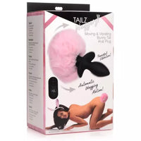 The product image shows the packaging of the Tailz Waggerz Moving & Vibrating Bunny Tail Anal Plug. The box features an image of a person using the plug, which has a pink faux fur tail.