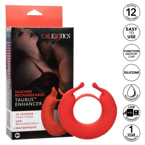 The image shows a red silicone cock ring with a dual motor design. It is displayed alongside its packaging, which highlights features such as 12 intense vibration functions, USB rechargeability, and waterproof functionality.