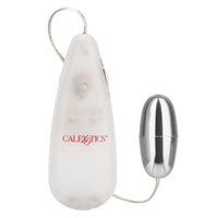 The image shows a compact and sleek Vibrating Slim Bullet in a clear color with silver plating on the bullet itself. The controller is a slim, teardrop-shaped device with a button interface and a small display indicating the current vibration setting.