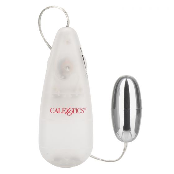 The image shows a compact and sleek Vibrating Slim Bullet in a clear color with silver plating on the bullet itself. The controller is a slim, teardrop-shaped device with a button interface and a small display indicating the current vibration setting.