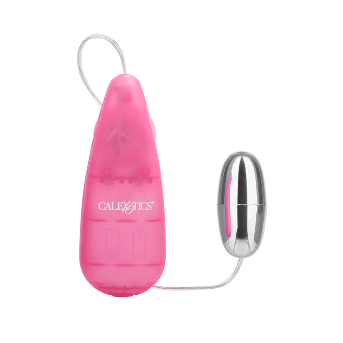The image shows a compact and sleek Vibrating Slim Bullet in a pink color with silver plating on the bullet itself. The controller is a slim, teardrop-shaped device with a button interface and a small display indicating the current vibration setting.