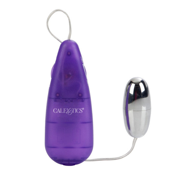 The image shows a compact and sleek Vibrating Slim Bullet in a purple color with silver plating on the bullet itself. The controller is a slim, teardrop-shaped device with a button interface and a small display indicating the current vibration setting.
