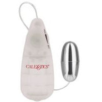 A clear Slim Vibrating Bullet by Cal Exotics with a sleek, compact design. The bullet vibrator has silver plating on one end and a controller made of PP material.