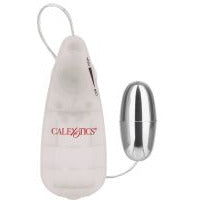 A clear Slim Vibrating Bullet by Cal Exotics with a sleek, compact design. The bullet vibrator has silver plating on one end and a controller made of PP material.