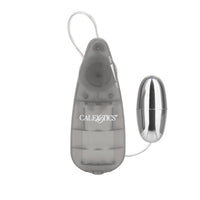 A smoke Slim Vibrating Bullet by Cal Exotics with a sleek, compact design. The bullet vibrator has silver plating on one end and a controller made of PP material.
