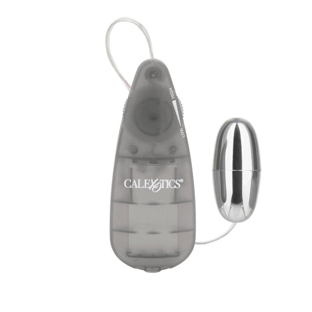 A smoke Slim Vibrating Bullet by Cal Exotics with a sleek, compact design. The bullet vibrator has silver plating on one end and a controller made of PP material.
