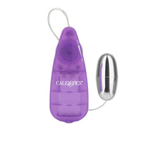 A purple Slim Vibrating Bullet by Cal Exotics with a sleek, compact design. The bullet vibrator has silver plating on one end and a controller made of PP material.