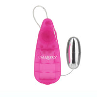 A pink Slim Vibrating Bullet by Cal Exotics with a sleek, compact design. The bullet vibrator has silver plating on one end and a controller made of PP material.