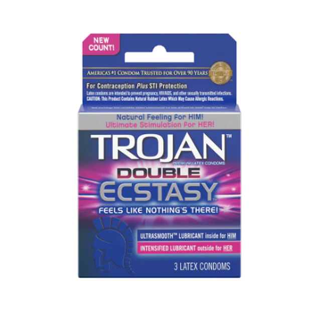 Packaging of Trojan Double Ecstasy Condoms showing the box with branding and product information.