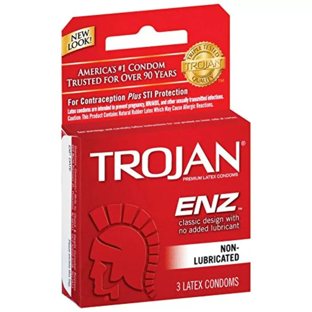 Packaging of Trojan ENZ Non-Lubricated Condoms with a count of 3 latex condoms, emphasizing no added lubricant.