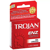 Packaging of Trojan ENZ Non-Lubricated Condoms with a count of 3 latex condoms, emphasizing no added lubricant.