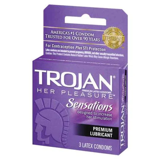 Packaging of Trojan Her Pleasure Sensations condoms featuring the product's benefits like silky smooth lubricant and reservoir end for extra protection.