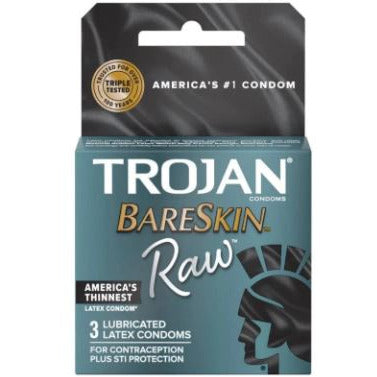 Packaging of Trojan BareSkin Raw condoms, indicating they are America's thinnest latex condoms with a special reservoir end, lubricated, and designed for natural sensation.