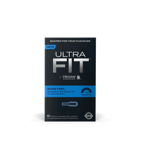 Packaging for UltraFit Bare Feel Condoms by Trojan with a graphic of a condom on the front, emphasizing natural feeling and premium latex.