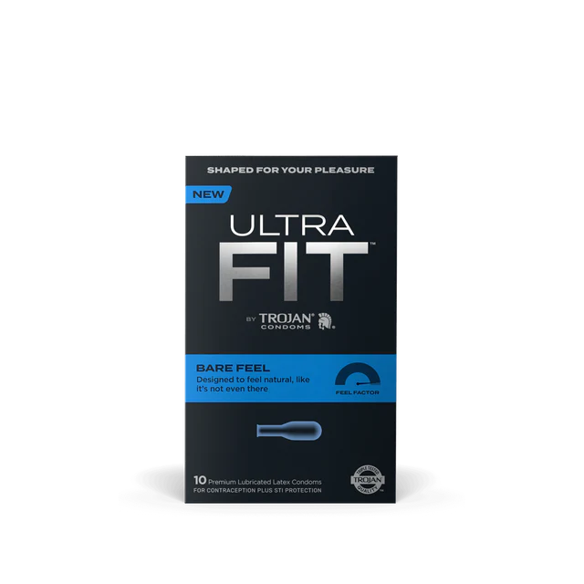 Packaging for UltraFit Bare Feel Condoms by Trojan with a graphic of a condom on the front, emphasizing natural feeling and premium latex.