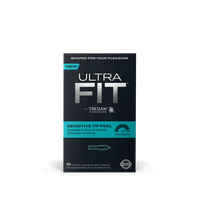 Packaging for Trojan Ultra Fit Sensitive Tip Condoms, displaying the product name and key features